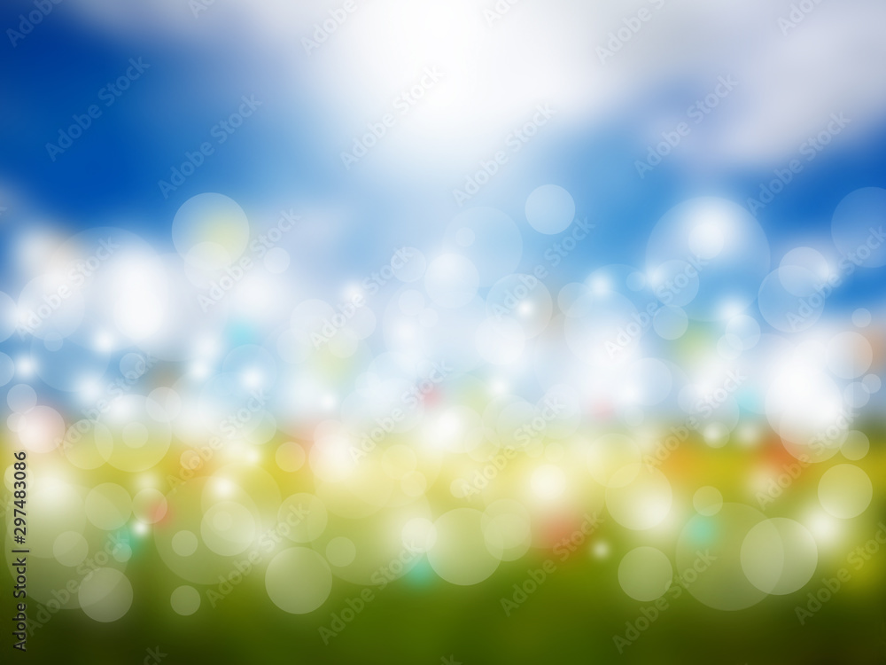 Obraz premium Blur golden feilds blue sky and sunlight for background. White circle and color bokeh.