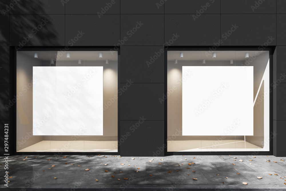 Exterior of a gray building with two square mock up posters in backlit windows. Mock up. 3d rendering Exterior of a gray building with two square mock up posters in backlit windows. Mock up. 3d rendering