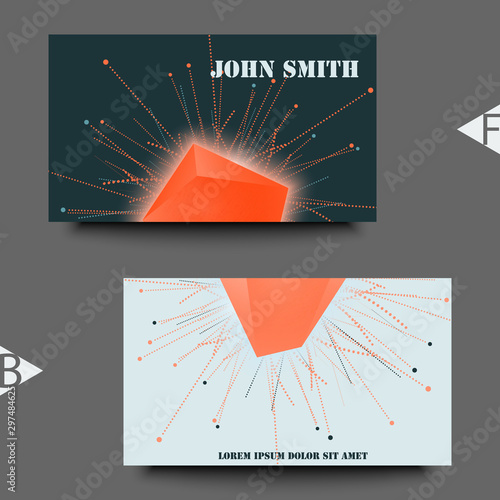 Abstract faceted element cracked into multiple fragments. Explosion effect. Business card template. Eps10 Vector illustration.