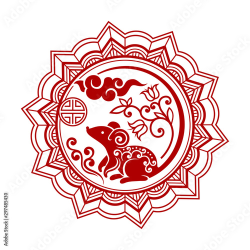 Red silhouette of a mouse in Chinese style. Vector illustration.