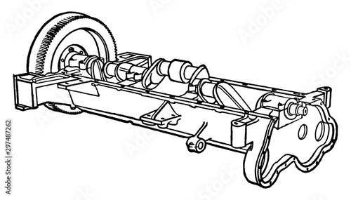 Building an Automobile Step 02 is Crank Shaft and Fly Wheel, vintage illustration.