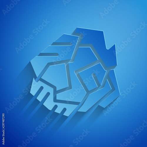 Paper cut Crumpled paper ball icon isolated on blue background. Paper art style. Vector Illustration