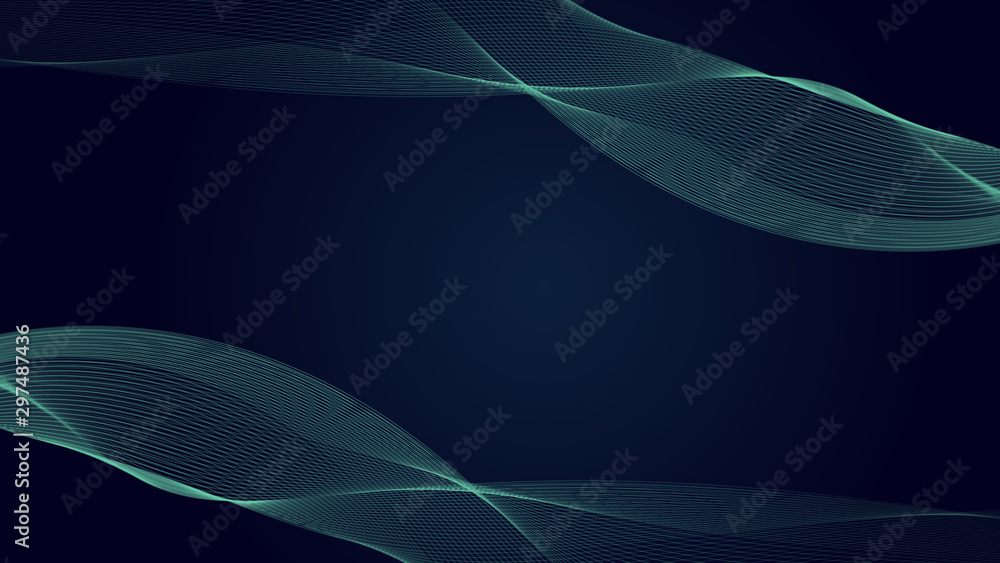 Abstract Illustration swirl motion background of connected smooth line plexus network with curve wave surface flow glowing dot on sound technology and digital innovation business concept