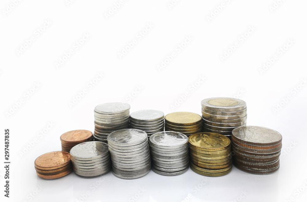 Overlay and stack many coins like graph on white background for financial concept. Overlay and stack many coins like graph on white background for financial concept.
