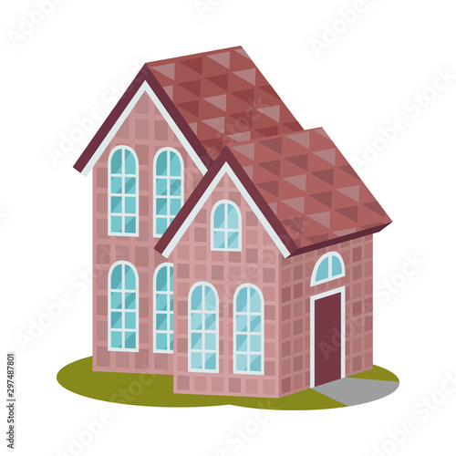 Modern two story house with a triangular roof. Vector illustration.
