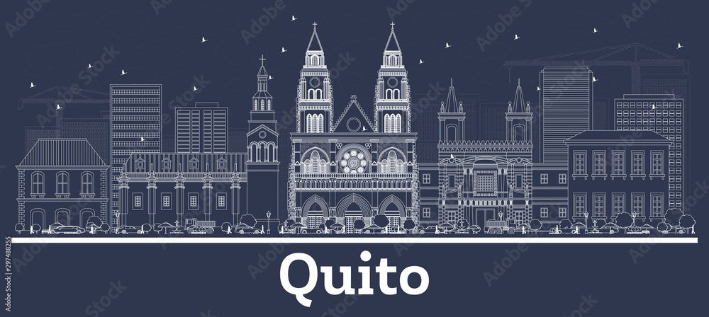 Outline Quito Ecuador City Skyline with White Buildings.