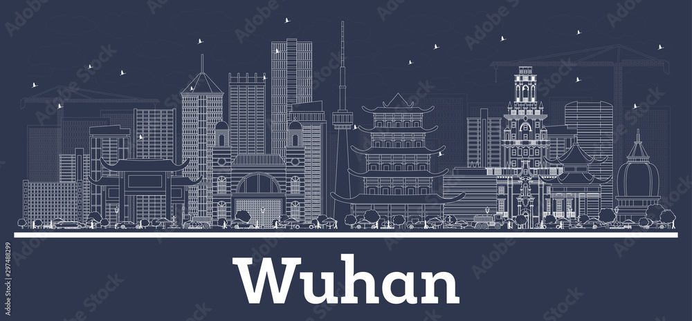 Outline Wuhan China City Skyline with White Buildings.