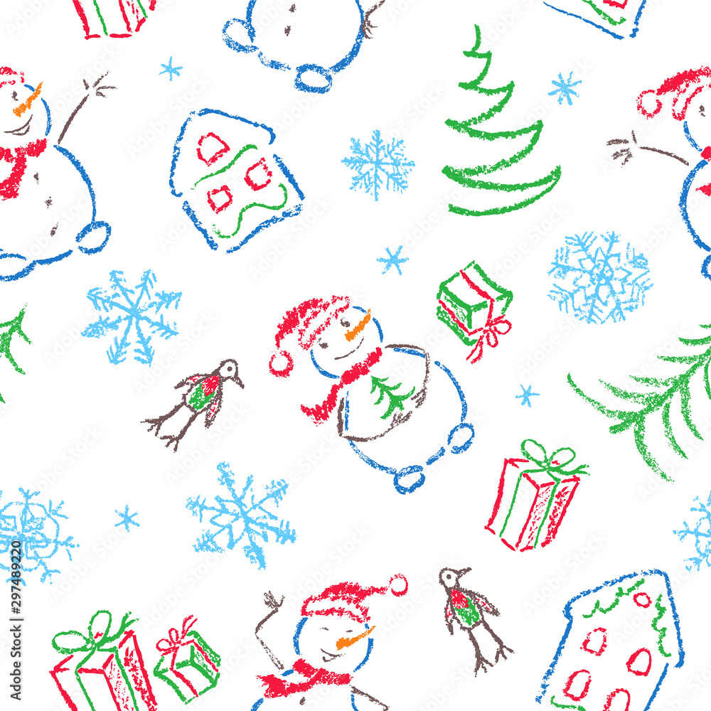 Kids hand drawing christmas seamless funny simple pattern. Like child drawn smiling snowman, tree, gift box, snowflake and house set. Crayon, pastel chalk or pencil doodle vector isolated background
