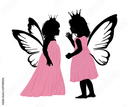 Two girlfriends silhouette. Fairies are talking. Secret. Vector illustration