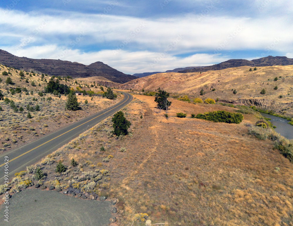 Picturesque landscapes of the scenic John Day River in the well preserved John Day Fossil Beds Sheep Rock Unit of Grant County in Kimberly, Washington.