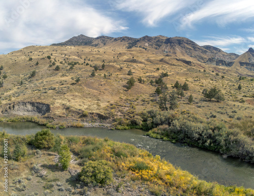 Picturesque landscapes of the scenic John Day River in the well preserved John Day Fossil Beds Sheep Rock Unit of Grant County in Kimberly  Washington.