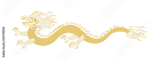 Illustration of Gold Dragon in line art style. Isolated on white background