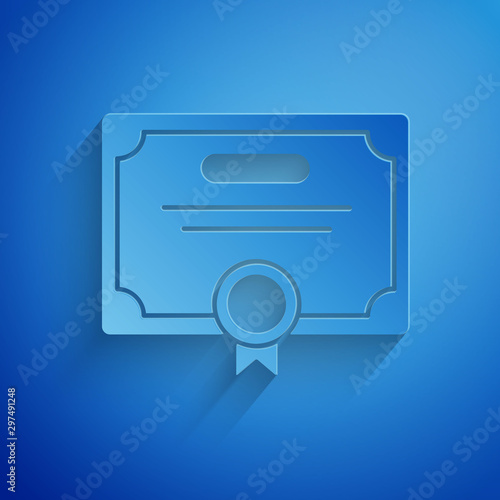 Paper cut Certificate template icon isolated on blue background. Achievement, award, degree, grant, diploma. Business success certificate. Paper art style. Vector Illustration