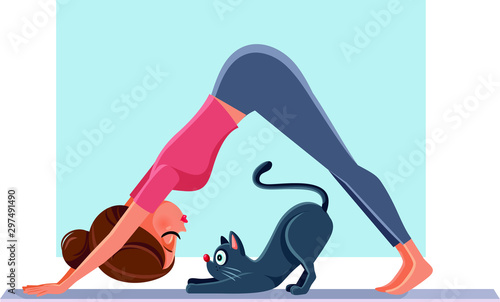 Funny Girl Exercising Next to Her Cat on Yoga Mat