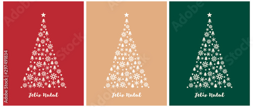 Merry Christmas-Feliz Natal,Portuguese Christmas Vector Card.White Christmas Tree on a Red, Beige and Green Background. Christmas Illustration in 3 Different Colors.Tree Made of Star, Heart, Snowflake