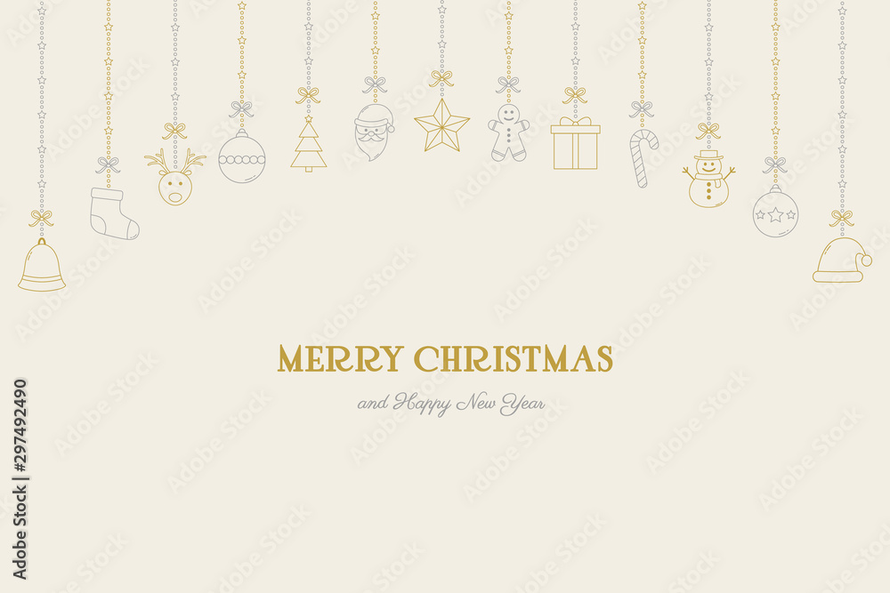 Concept of Christmas background with hanging icons and wishes. Festive ornament. Vector