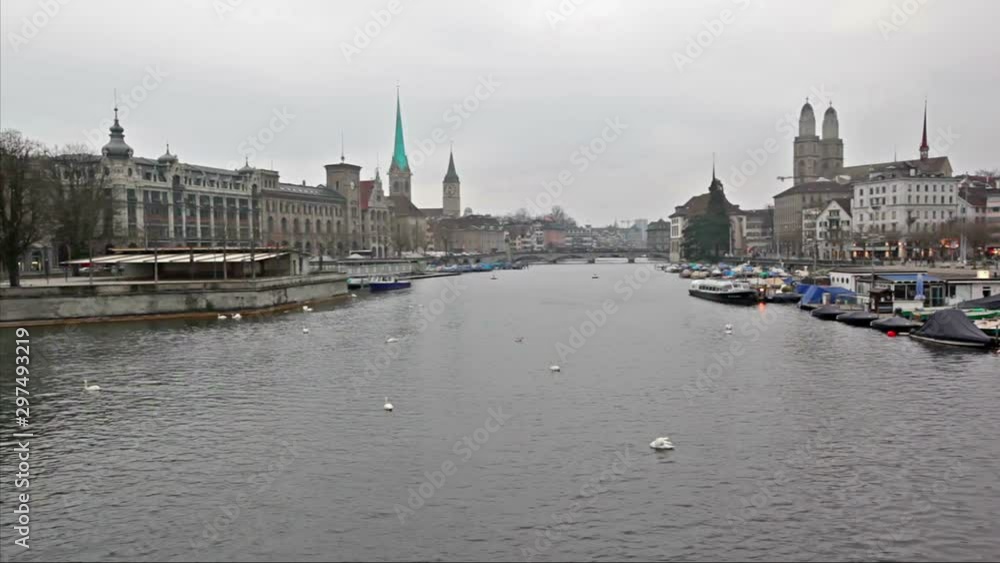 Zurich skyline and the Limmat river at cloudy day Zurich skyline and the Limmat river at cloudy day