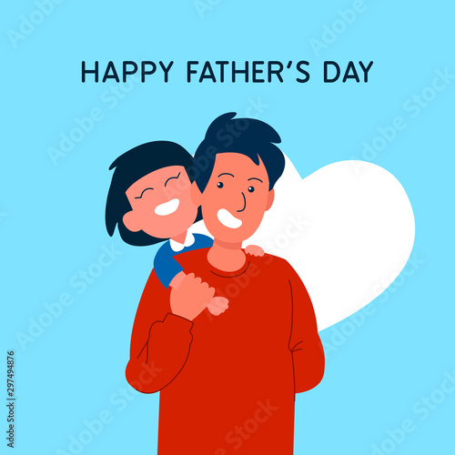 Happy child rides on his dad's shoulder flat vector illustration for Happy father's day poster background template design.