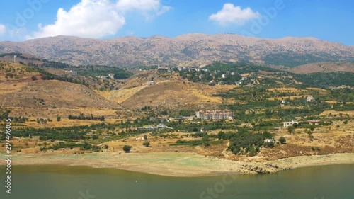 Zoomed in panning view of the mountains behind Litani River, the longest river of Lebanon, originating in Beeqa Valley and ending up in the Mediterranean Sea photo