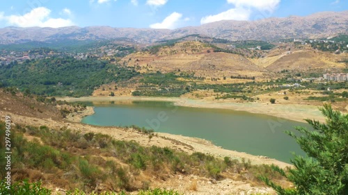 Panoramic view of the mountains behind Litani River, the longest river of Lebanon, originating in Beeqa Valley and ending up in the Mediterranean Sea photo