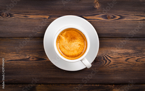 Overhead view of a freshly brewed mug of espresso coffee