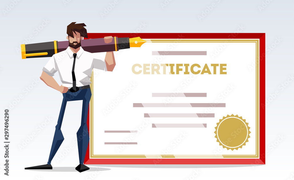 flat design illustration character businessman proudly stands with big certificate and a fountain pen on his shoulder. Flat design banner isolated on white background manager or student with a diploma flat design illustration character businessman proudly stands with big certificate and a fountain pen on his shoulder. Flat design banner isolated on white background manager or student with a diploma