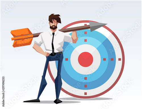 Businessman hitting the target - modern flat design style colorful illustration on white background. An image of a young ambitious man shooting the arrow. Goal achievement concept