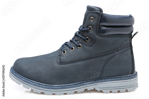 blue nubuck leather high boot, everyday sport winter shoes, on a white background