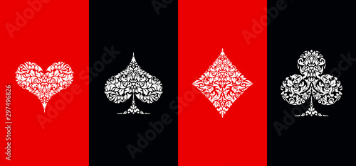 Set 4 Playing card suits icons decoration pattern diamonds, clovers, hearts, spades template on black and red background. Vintage Playing card suit ornament symbol pictogram for play casino poker game