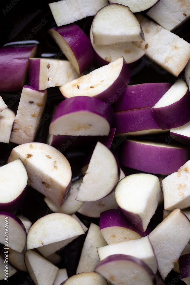 chopped eggplant in olive oil before cooking chopped eggplant in olive oil before cooking