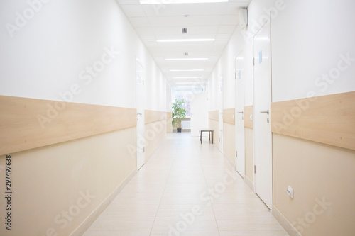 long corridors to hospitals, offices in the hospital. concept of pandemic, coronavirus, virus, disinfection, panic.