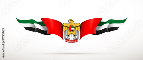 UAE official national state symbols: flag, coat of arms Standard of the president isolated on white background. Original and simple United Arab Emirates flag isolated in official colors and Proportion