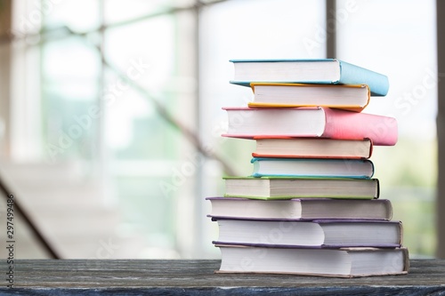 Stack of books, education and learning background photo