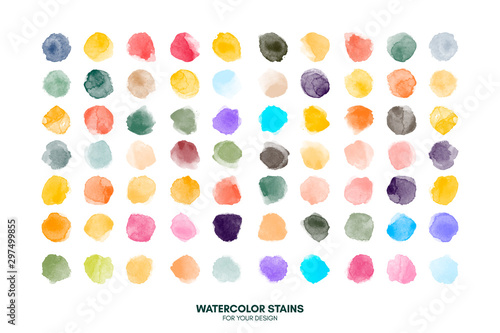 Fototapeta Naklejka Na Ścianę i Meble -  Set of colorful watercolor hand painted round shapes, stains, circles, blobs isolated on white. Elements for artistic design
