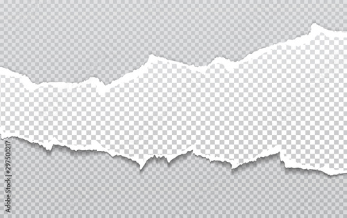 Piece of ripped white paper strip with torn edges and soft shadow for text is on squared background. Vector illustration