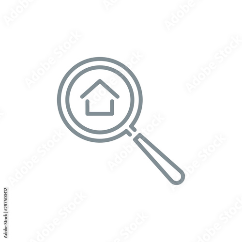 realtor house with magnifier glass outline flat icon. Property For Sale Single quality outline logo search symbol for web design mobile app. Thin line design logo. Loupe lens icon isolated on white