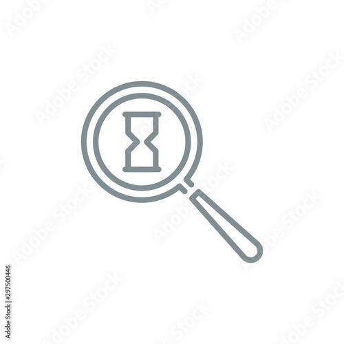 sandglass clock with magnifier glass outline flat icon. Single quality outline logo search symbol for web design mobile app. Thin line design logo sign. Loupe lens icon isolated on white background