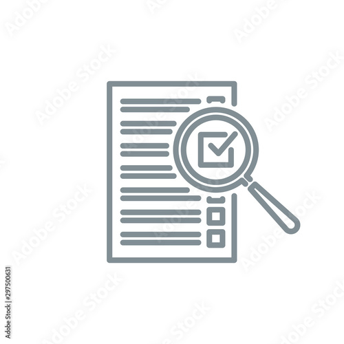 check box list page with magnifier glass outline flat icon. Single quality outline logo search symbol for web design mobile app. Thin line design logo sign Loupe lens icon isolated on white background