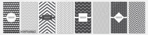 Cute set of Scandinavian vertical card templates based on geometric seamless patterns in neutral palette colors, vector illustration