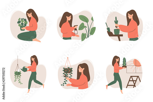 Cute girl takes care of houseplants. Female gardener pruning, watering, replanting, spraying potted plants. Vector illustration in flat cartoon style