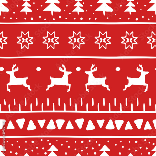 Simple Christmas pattern with reindeer, Christmas trees, stripes, triangles and Christmas stars. Pattern on winter pullover. Background for wrapping paper, wallpaper, cards and greetings