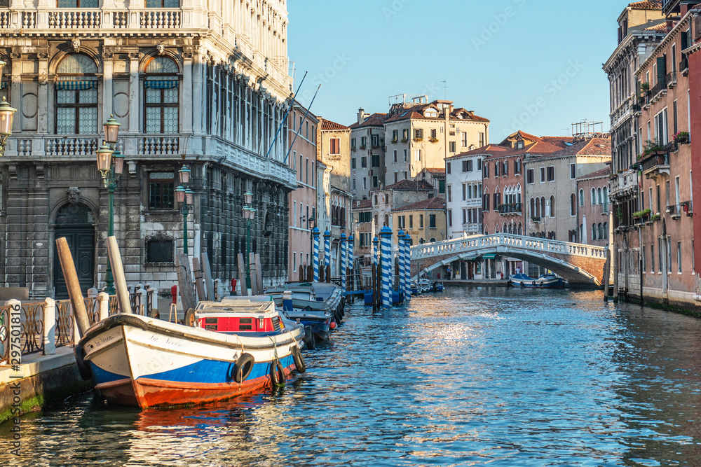 Boats are moored  in the canal, Venice, Italy.