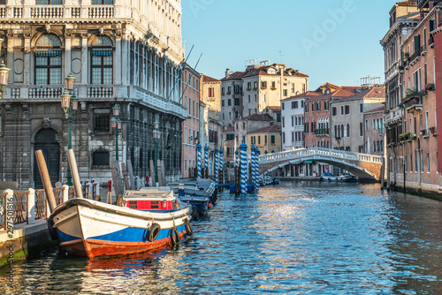Boats are moored  in the canal  Venice  Italy.