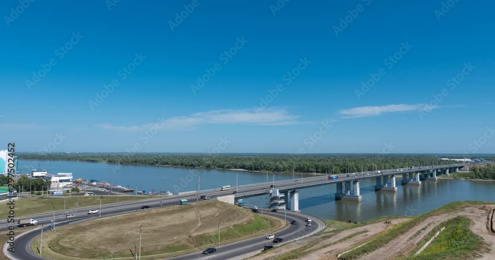 Time lapse bridge with cars at the entrance to Barnaul Russia.