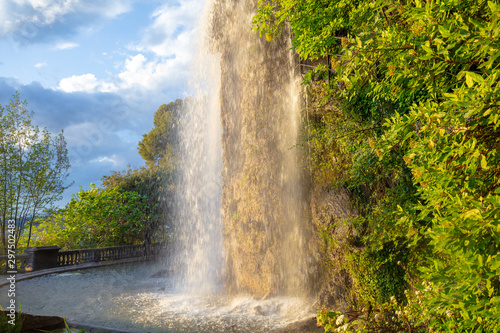 Waterfall cascade in the park. Nature landscape in spring