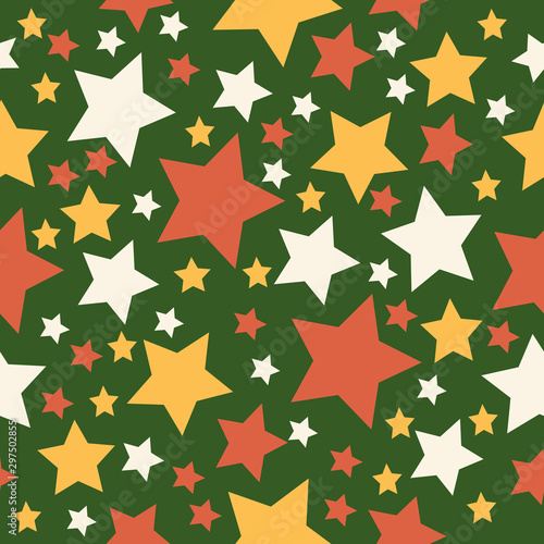 Pattern of stars of different sizes on a green background  yellow  orange  white