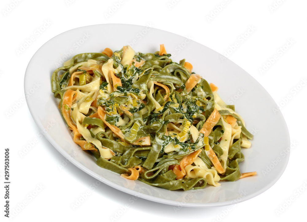 Fettuccine with Spinach and Leek. Isolated with Clipping Path.