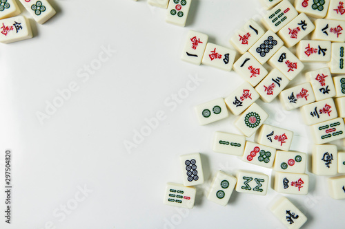 Pile of Mahjong ancient asian game on the white background 