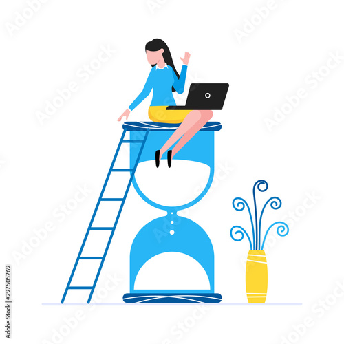 Young woman sitting on the hourglass clock and holding laptop time management business concept flat style design vector illustration isolated on white background.