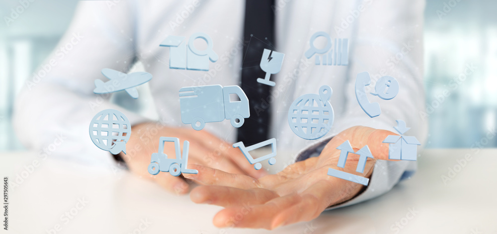 Businessman holding a Logistic organisation with icon and connection 3d rendering Businessman holding a Logistic organisation with icon and connection 3d rendering